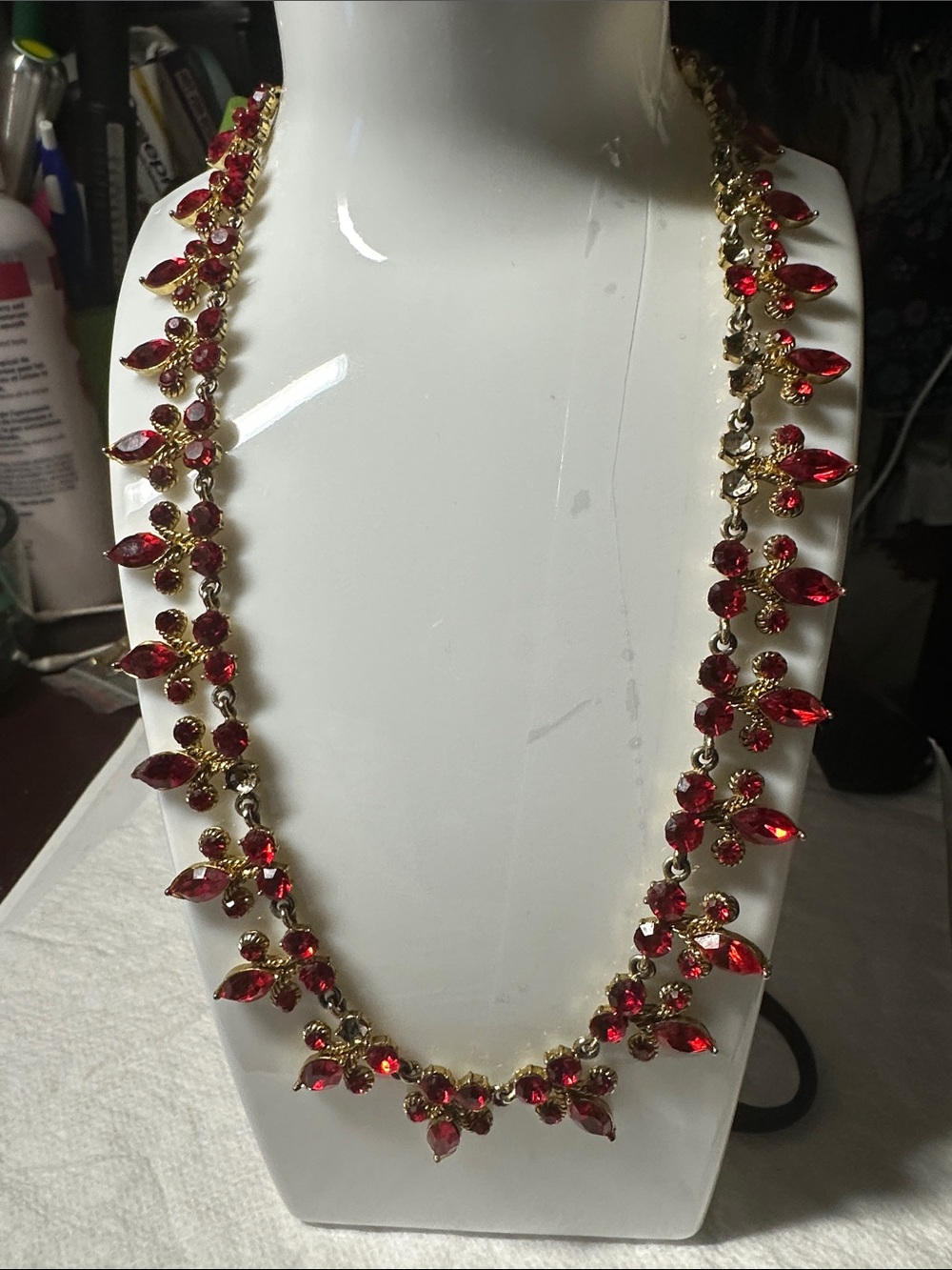 Vintage Gold-Tone Red Crystal Statement Necklace -stones missing
